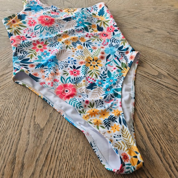 Cottagecore Floral One Shoulder Swimsuit Womens M Multicolor High Cut One Piece - Picture 3 of 10